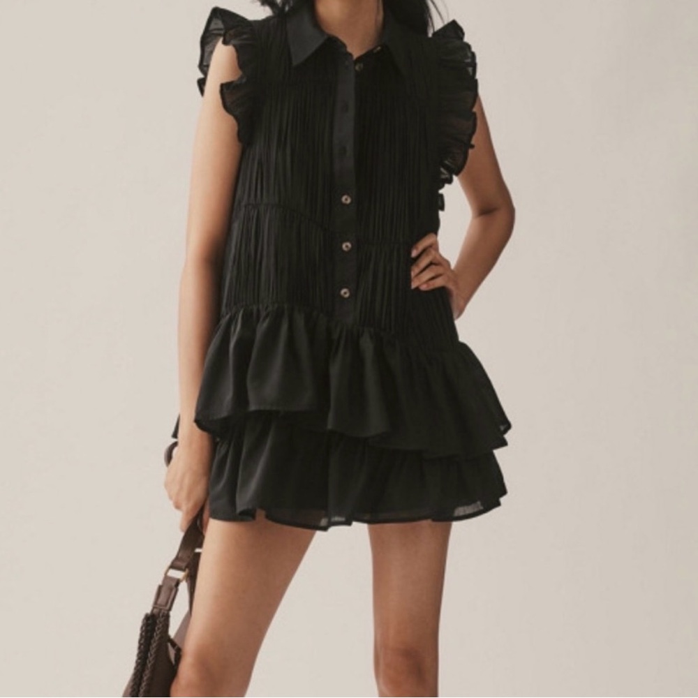 By Anthropologie Sleeveless Ruffle Mini Shirt Dress in Black LP Boho Cotton
